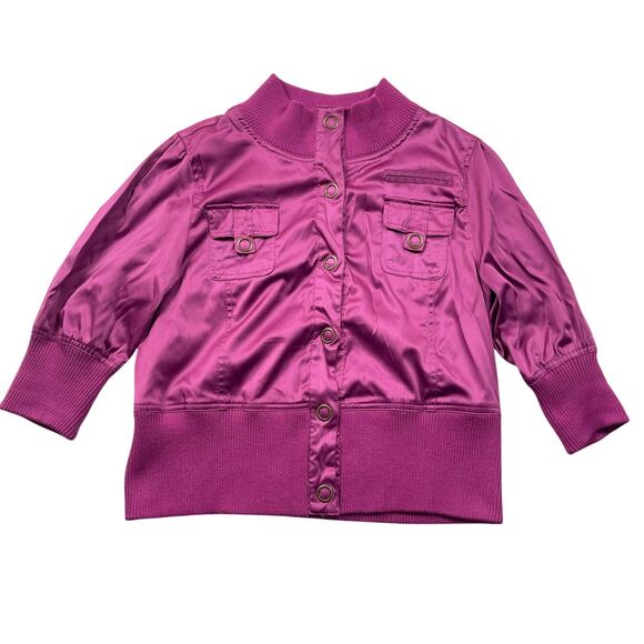 MKM Designs Jacket XL Fuchsia Pink Satin Cropped Ribbed Trim Vintage Y2K - Picture 1 of 12